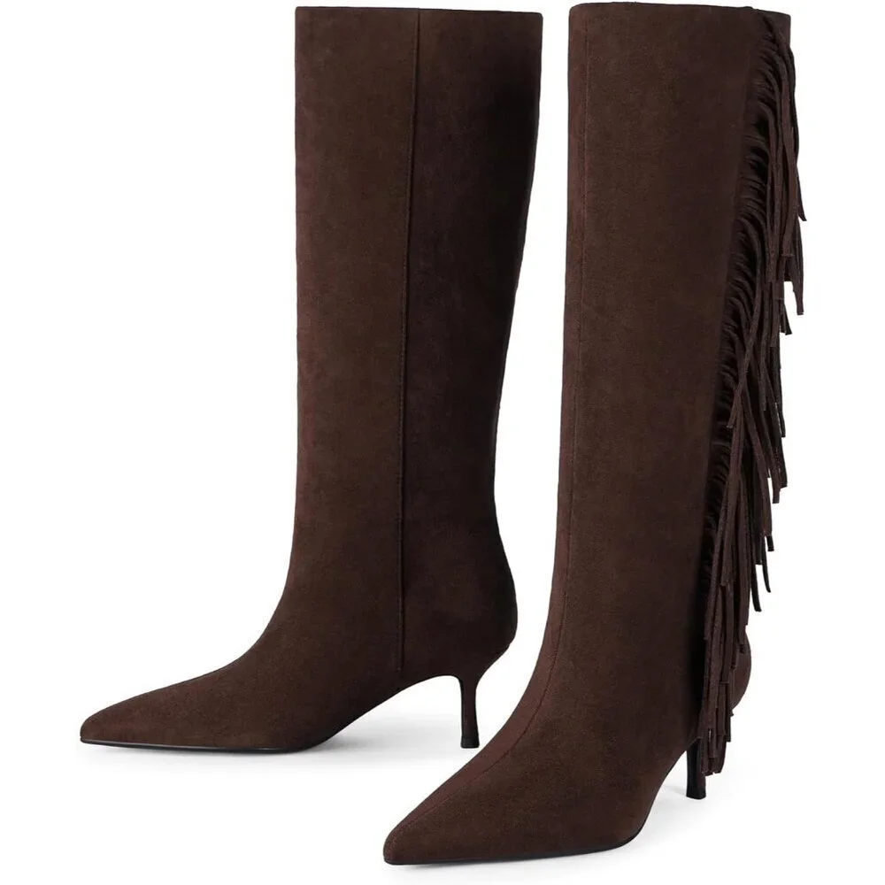 Women Suede Brown Knee High Boots Kitten Heels Tall Pointed Toe Long Boots